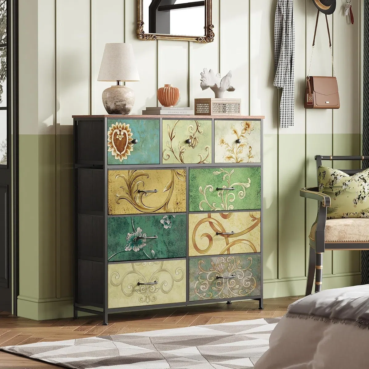 Commode à 9 Tiroirs en Tissu,Commode Chambre Adulte Armoire Tiroirs avec Plateau Bois et Cadre Métal,Meuble de Rangement pour Chambre d’Enfant, Salon et Couloir