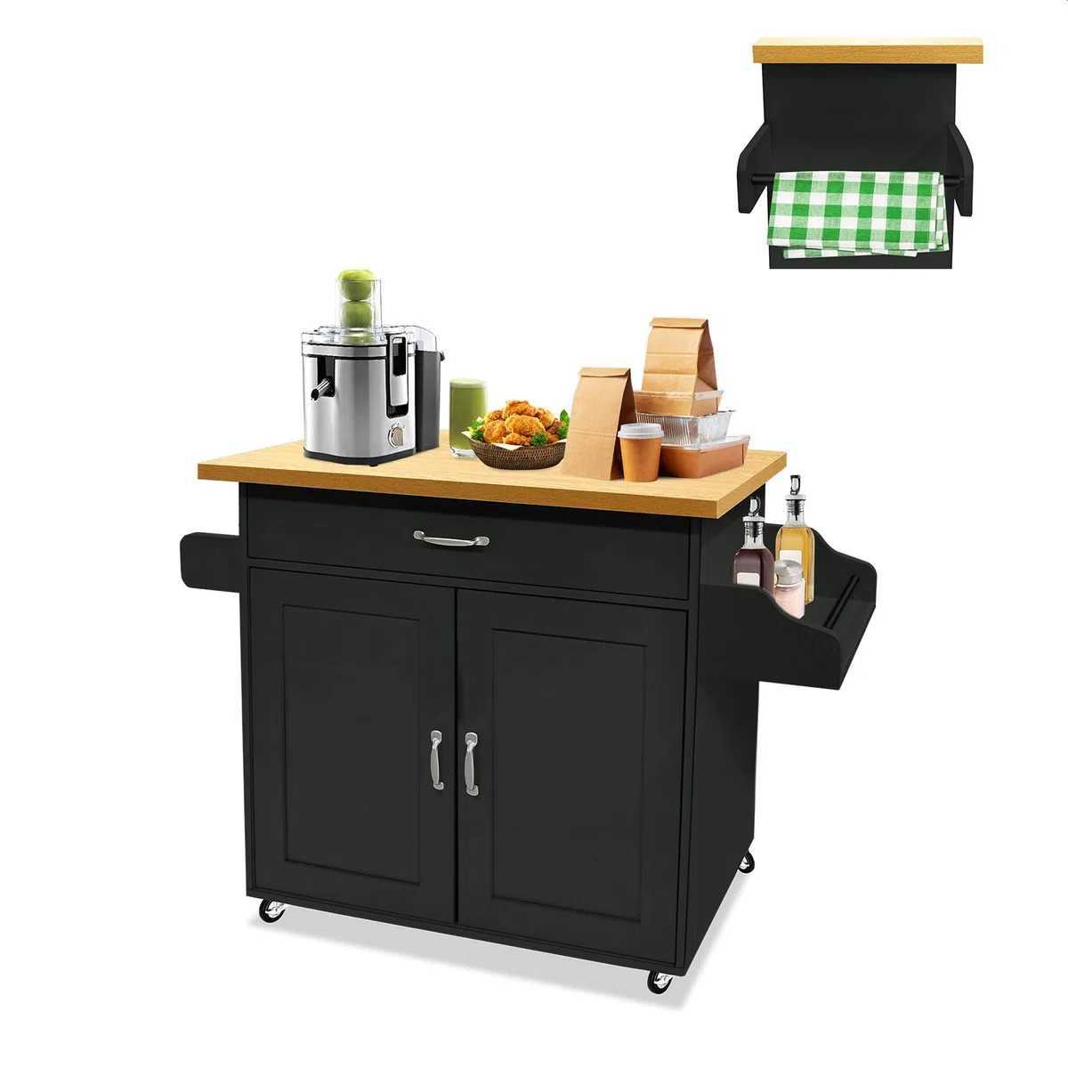 LZQ Chariot de cuisine avec plan de travail Mobilier de cuisine mobile Îlot de cuisine Roulable, chariot de cuisine, chariot de service 115x36x90cm Noir