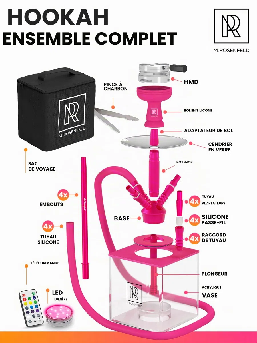 Hookah Lot de 4 Pantalons Hookah – YADO Square Hookah to Go avec Support de narguilé au Charbon et Dispositif de Gestion de la Chaleur et Grand Bol en Silicone Noir et Sac pour narguilé – Rose