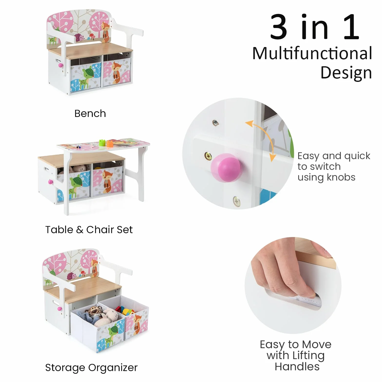 LIFEZEAL 3 en 1 Banc de Rangement avec 2 Tiroirs, Coffre à Jouets en Bois, Ensemble Table avec Tabouret pour Enfants 3-7 Ans, Siège avec Charge de 60 kg, Plateau avec Charge de 10 kg (Blanc)