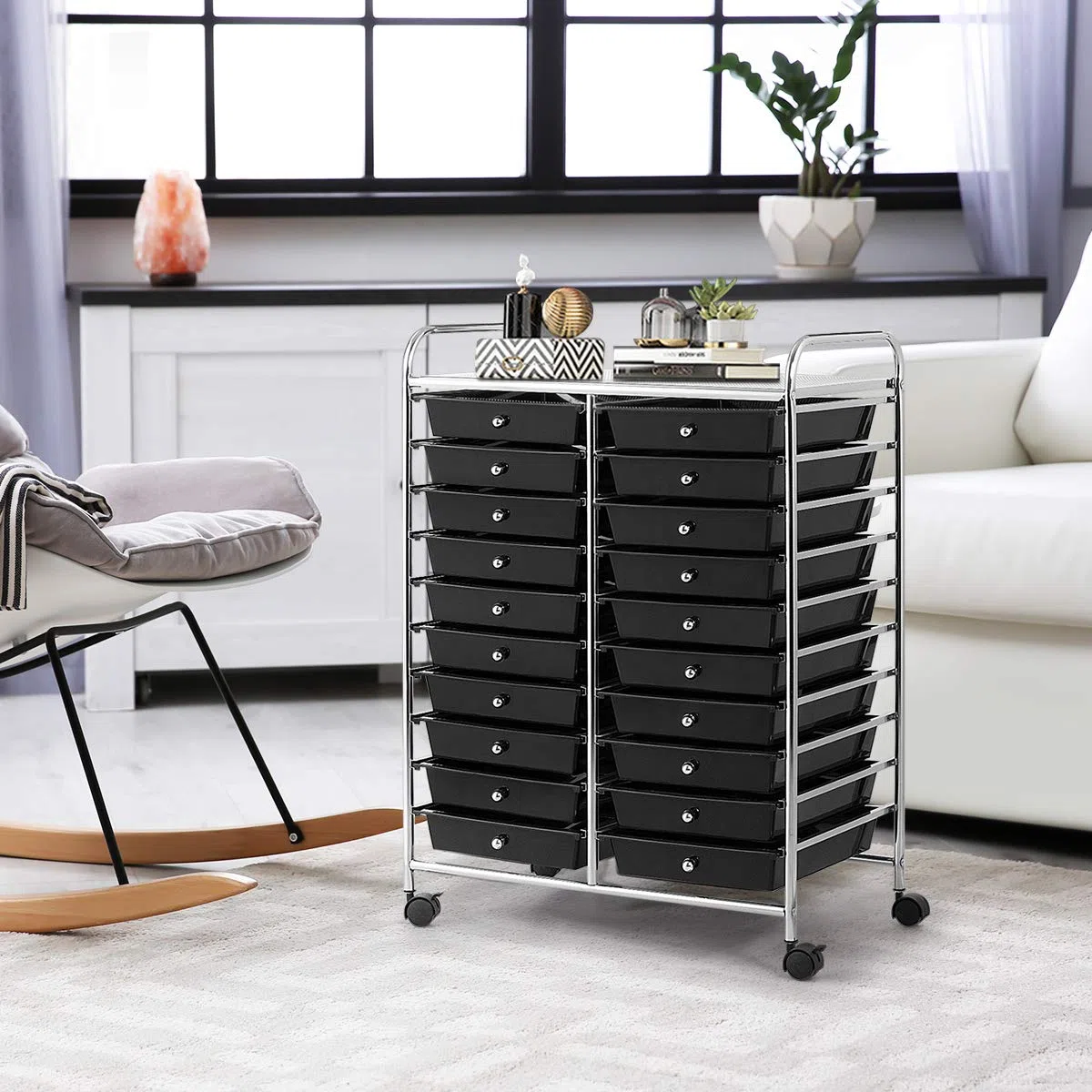 RELAX4LIFE Chariot de Rangement avec Multi-tiroirs en PP et Cadre en Métal, Rayonnage de Rangement à roulettes avec 2 Freins pour Bureau, Salon, Tour de Rangement (10 étagères avec 20 tiroirs, Noir)