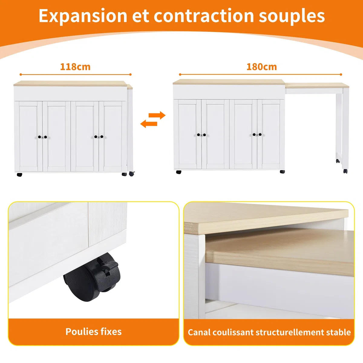 Îlot Central Cuisine avec Plan de Travail Extensible 117-180x50x94 cm, Table de Bar avec Rangement, Modèle Télescopique, Buffet et Séparateur de Pièce avec 6 Compartiments, Blanc