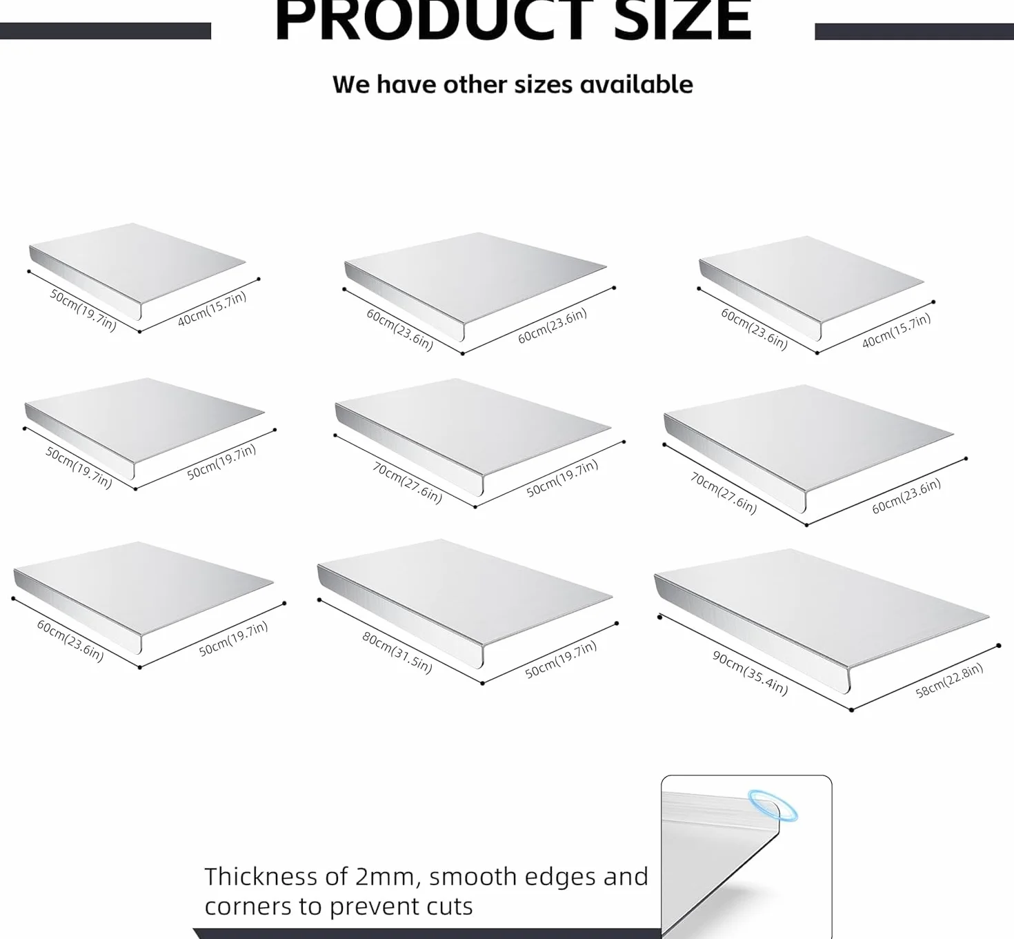 Plaque Inox Cuisine en acier Inoxydable, Planche a Decouper Inox, Protege Plan de Travail Cuisine avec bord d'arrêt, Planche à Pétrir Inox pour Pain et Pizza(Hauteur 2cm) (58x90cm)