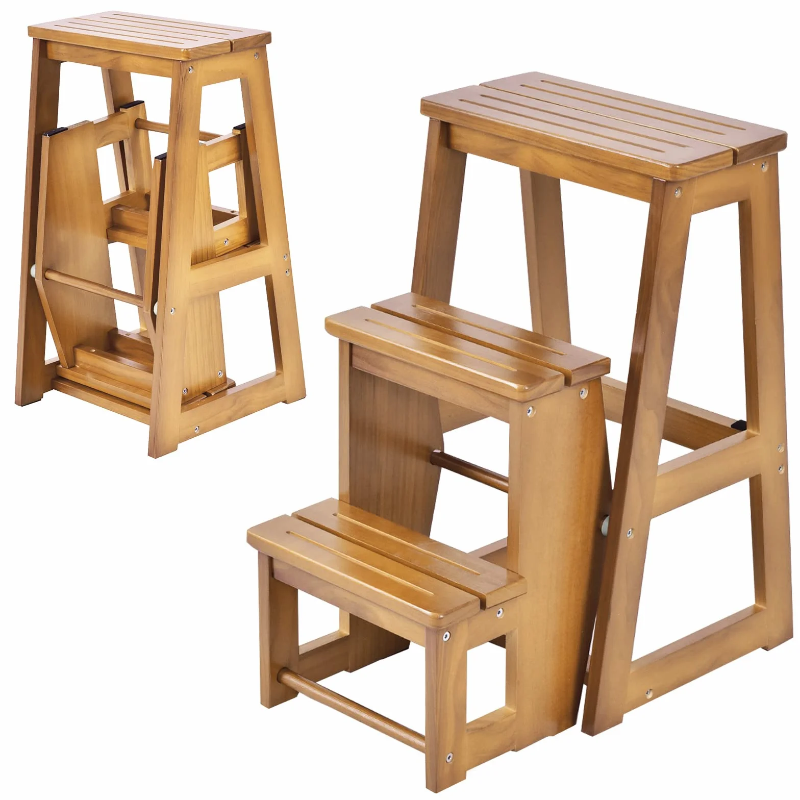 GIANTEX Escabeau Tabouret en Bois,Escabeau à 3 Marches Pliable,Marche Pied Echelle Portable, Peu Encombrant,pour Cuisine Chambre (Naturel)