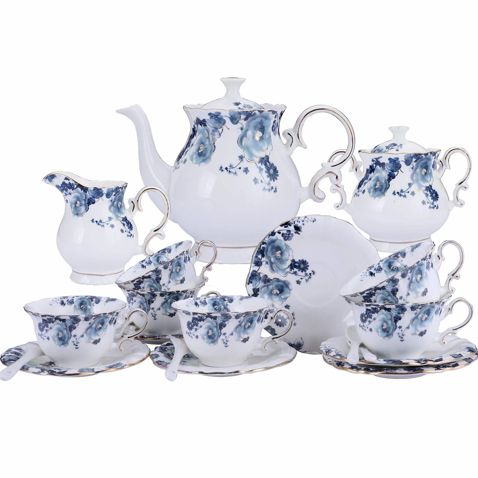 fanquare 15 Pièces Services à Thé en Porcelaine Fleurs Bleues,Ensemble de Café en Céramique Vintage,Service de Table de Mariage pour Adultes