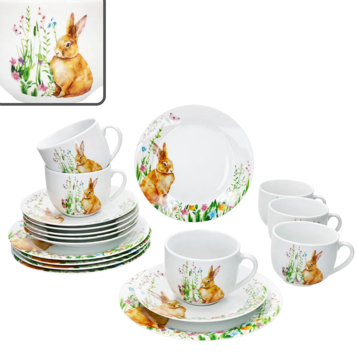 MamboCat Osterfreude Service à café 18 pièces - Vaisselle en porcelaine printanière avec décor lapin de Pâques pour 6 personnes - 6 tasses de 200 ml chacune, 6 soucoupes et 6 assiettes pour