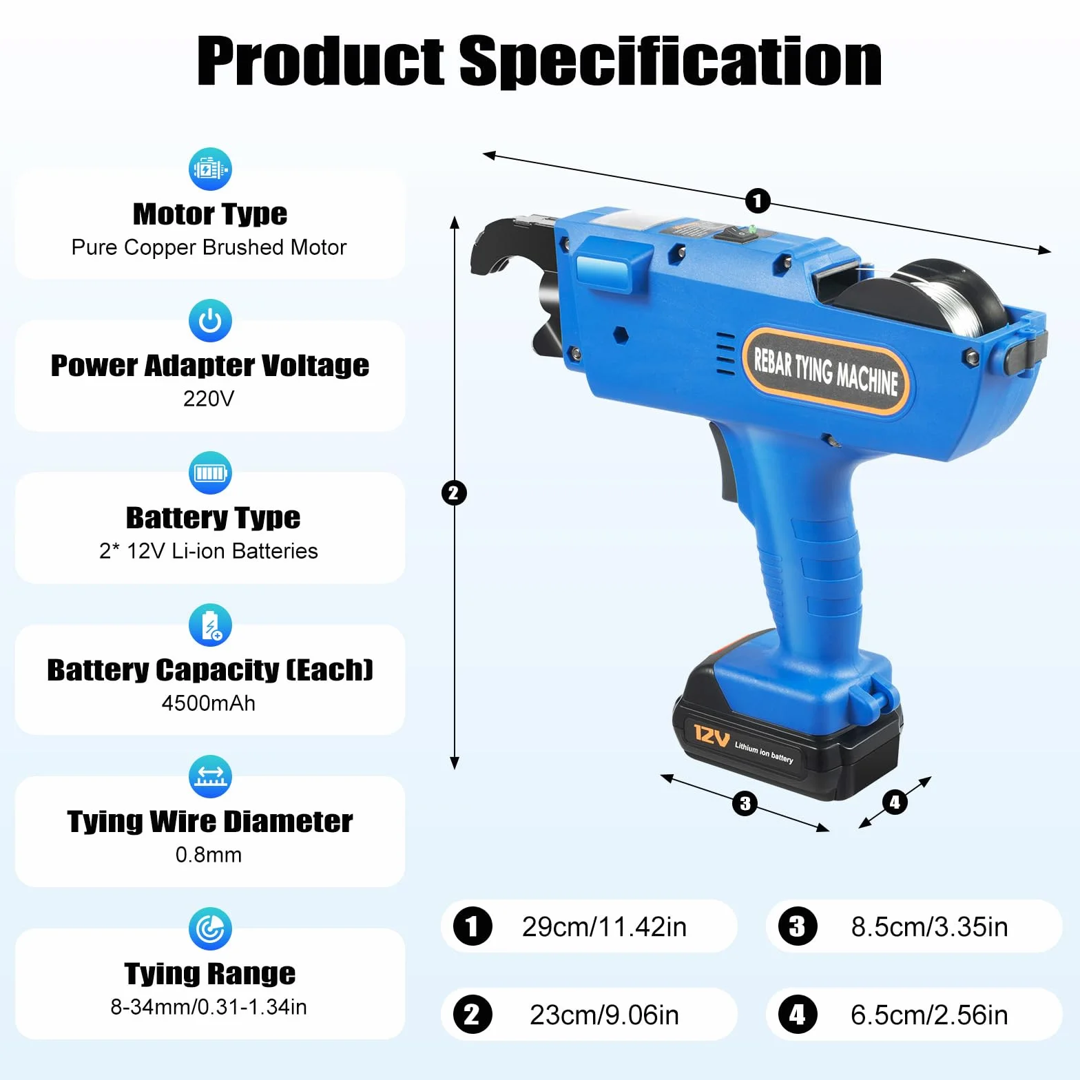 Rebar Machine à relier électrique avec boîte de rangement 12 V Connecteur d'armature pour tige en acier 8-34 mm Machine à relier automatique avec 2 batteries 4,0 Ah et chargeur
