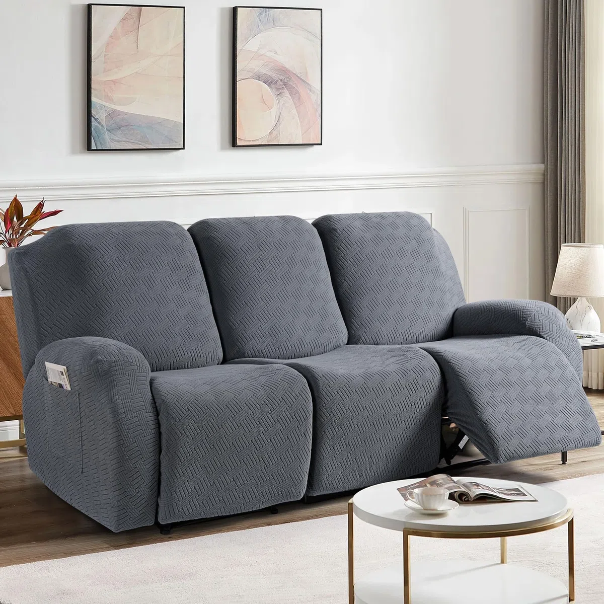 KinCam Housse de Fauteuil Extensible en Jacquard, Housse de Fauteuil Relax avec Poche, Housse Fauteuil Relax pour Chiens et Chats, Douce et Lavable Housse canapé Relax 3 Places Gris foncé