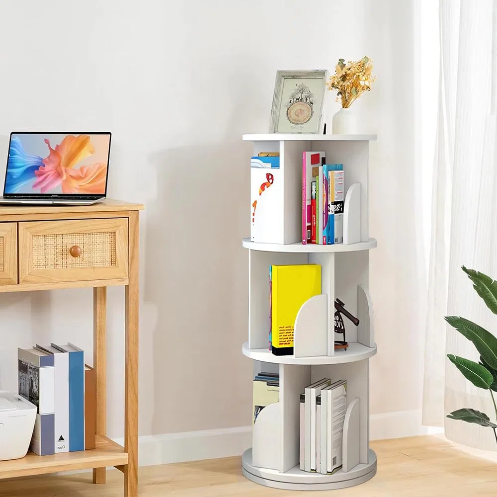LANTUS Bibliothèque Rotative,Étagère à Livres rotative à 3 Niveaux - Étagère de Rangement Haute - pour la Maison, Le Salon, l'étude, Le Bureau, 40 x 40 x 97 cm (3 Couches) (Blanc)