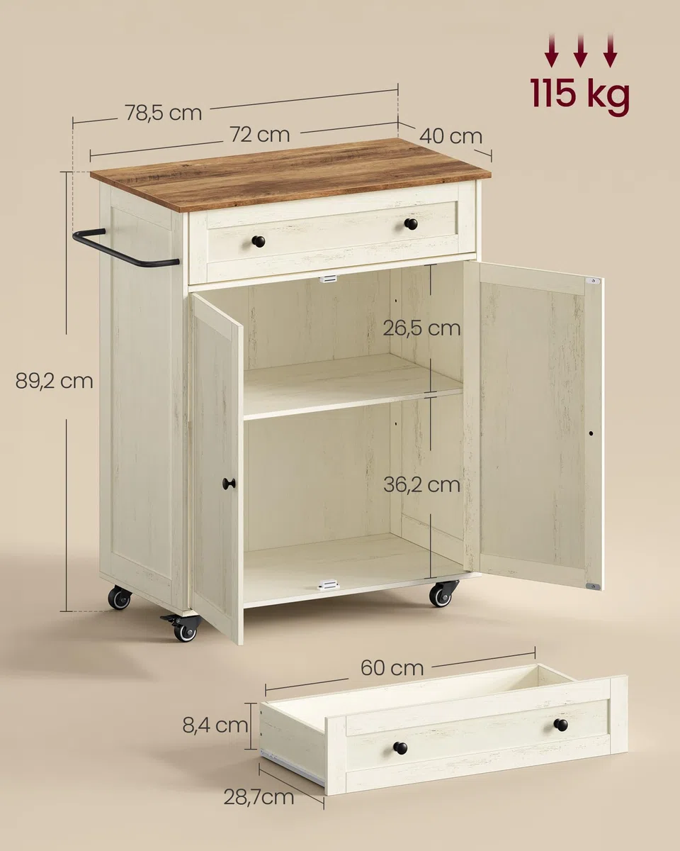 VASAGLE Siren Collection - Desserte Cuisine, Chariot à roulettes, Tiroir, Placard, Îlot de Cuisine, Étagère Réglable, 40 x 78,5 x 89,2 cm, Blanc Rustique et Marron Miel KKI009WJ01
