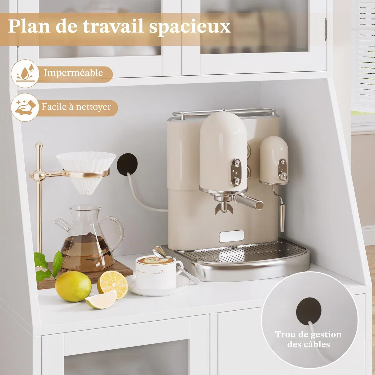 HOCSOK 163cm Armoire de Cuisine, Buffet Cuisine avec 3 Portes et 4 Tiroirs, Armoire Haute pour Salon, Salle à Manger, Bar, Style Moderne, Blanc