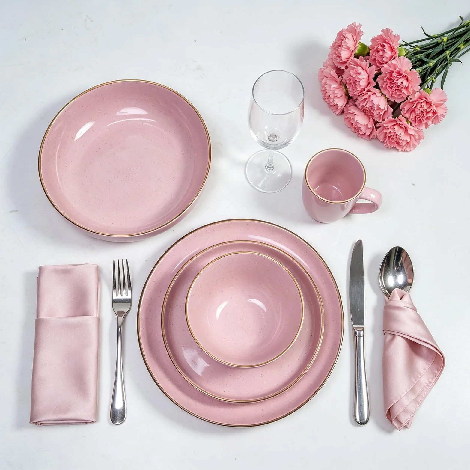Service de table 20 pièces en grès avec bord relevable de forme nordique rose brillant avec effet moucheté