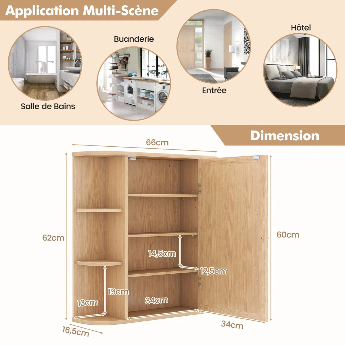 COSTWAY Armoire Murale de Salle de Bains avec Miroir avec Etagères Réglables et Compartiments Ouverts Armoire à Pharmacie pour Toilette (Naturel) (Naturel)