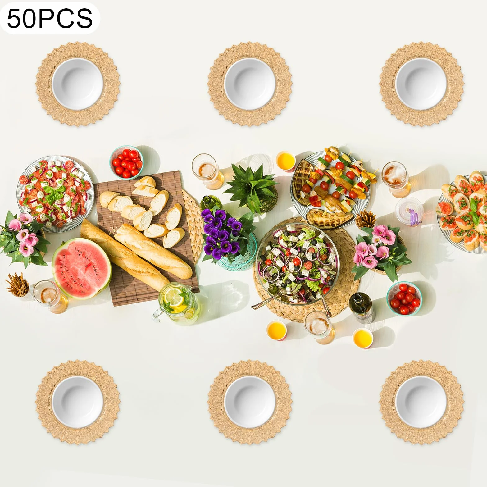 Lot de 50 assiettes de présentation rondes en plastique de 33 cm pour fêtes, mariages, banquets, restaurants (dorés)