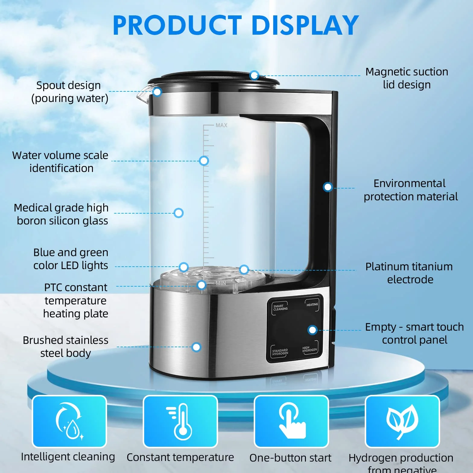 Générateur d'eau à hydrogène 2L avec technologie SPE et PEM, version améliorée Générateur d'hydrogène riche en hydrogène avec écran tactile LED et thermostat Hydrogen Water Lonizer pour la maison
