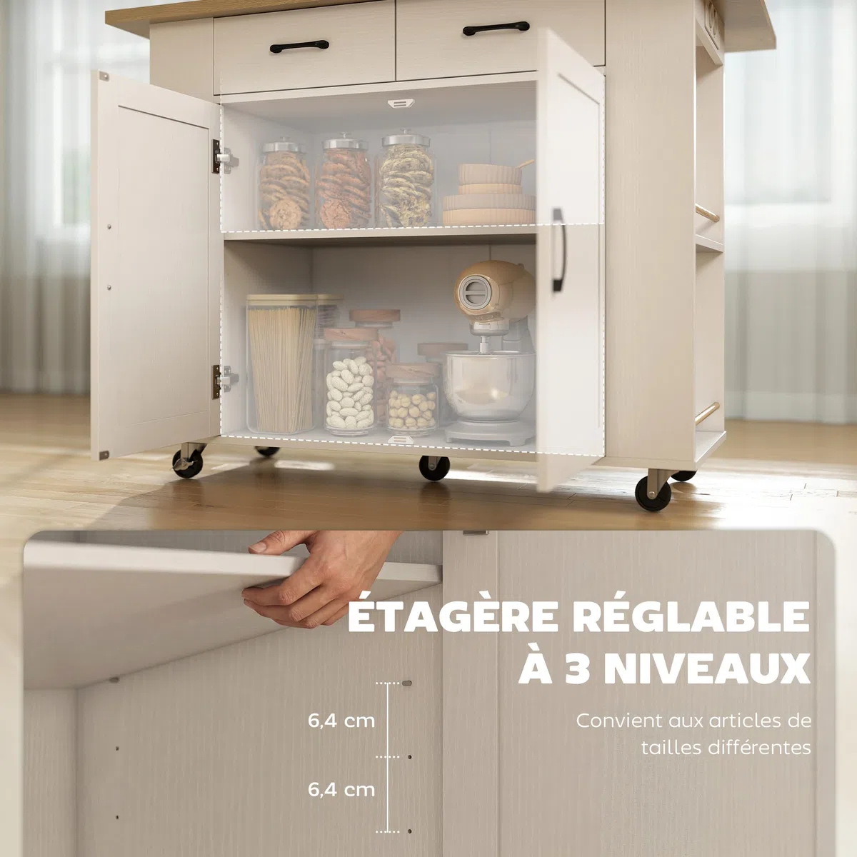 HOMCOM Îlot de Cuisine avec Station de Charge, Chariot de Cuisine à roulettes avec Plan de Travail Rabattable, Racks à Épices, 2 Tiroirs et Étagère Réglable, pour Cuisine et Salle à Manger, Blanc