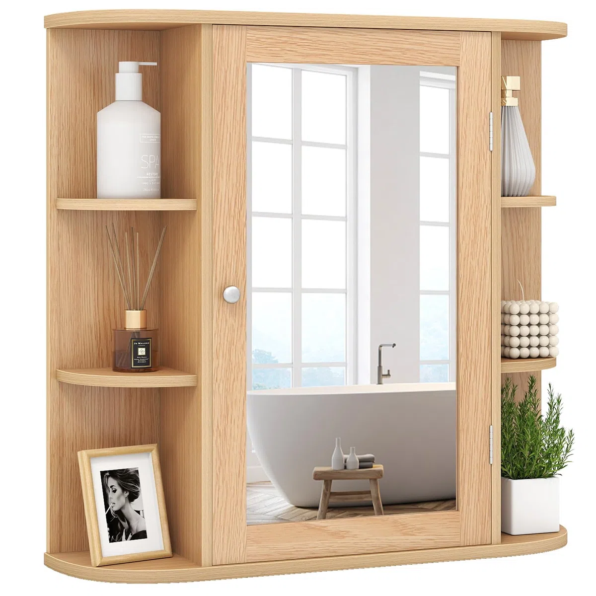 COSTWAY Armoire Murale de Salle de Bains avec Miroir avec Etagères Réglables et Compartiments Ouverts Armoire à Pharmacie pour Toilette (Naturel) (Naturel)