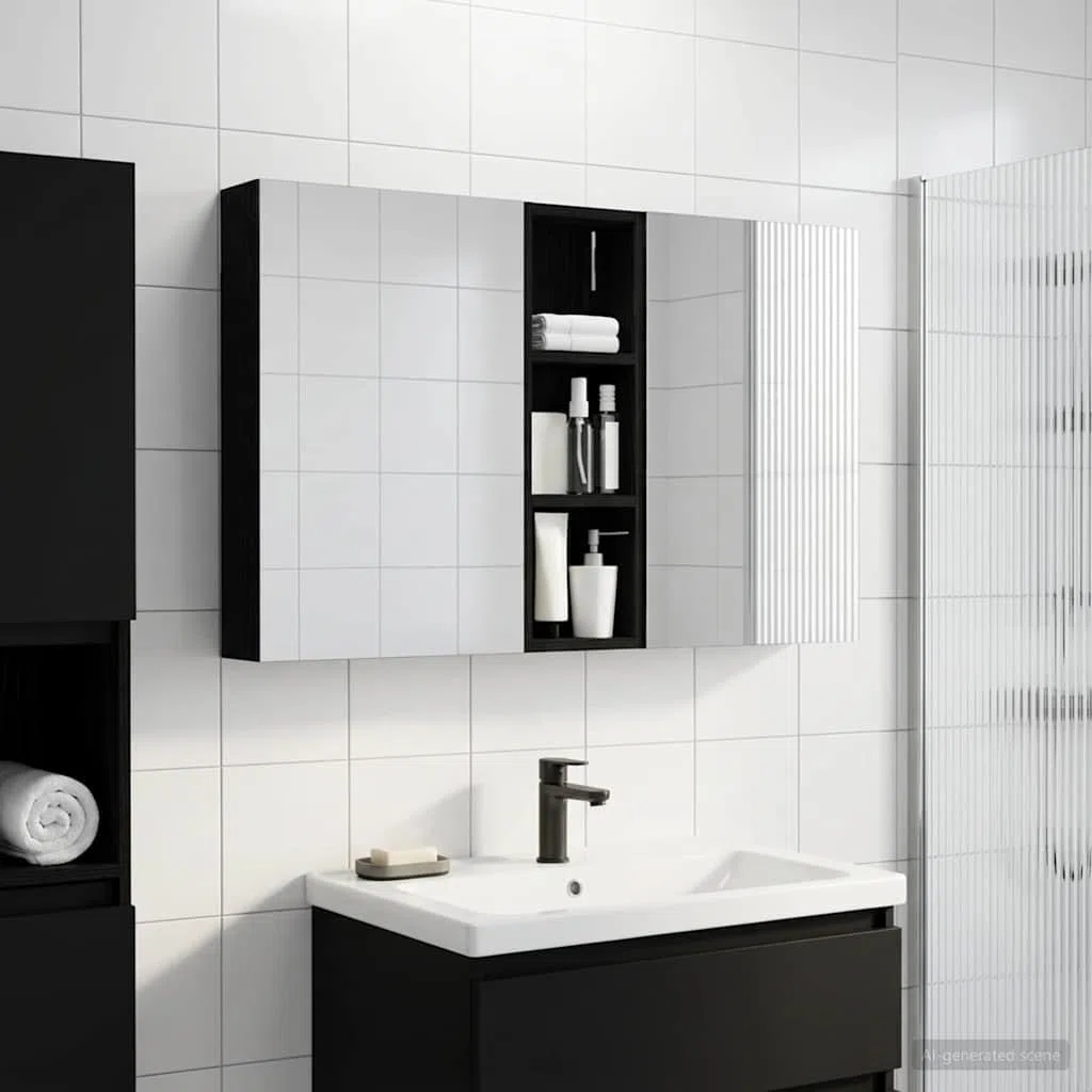 Lot de 3 armoires de salle de bain en bois - 100 x 10,5 x 60,5 cm - Montage mural - Avec éclairage LED - Miroir bidirectionnel - Espace de rangement et étagères pour meubles de salle de bain