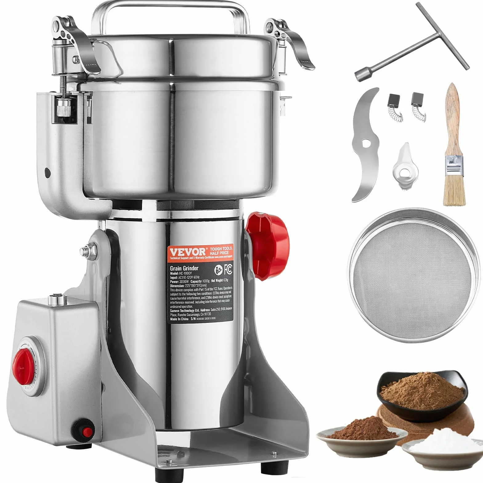 VEVOR Moulin à épices Électrique 1000 g, Broyeur à Grains Commercial 3000 W Haute Vitesse, Moulin à Farine en Acier Inoxydable, Type Oscillant, pour Moudre Rapidement Céréales Épices Herbes Cafés