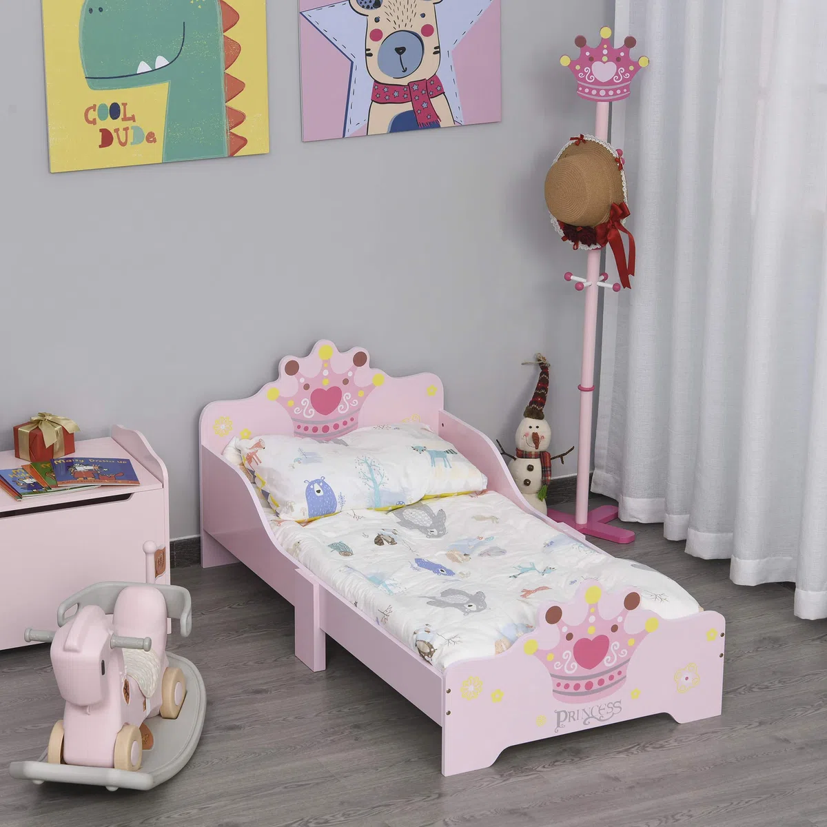 HOMCOM Lit Enfant 140 x 70 cm - lit d'enfant Design Princesse Motif Couronne - sommier à Lattes Inclus - MDF Contre-plaqué Rose