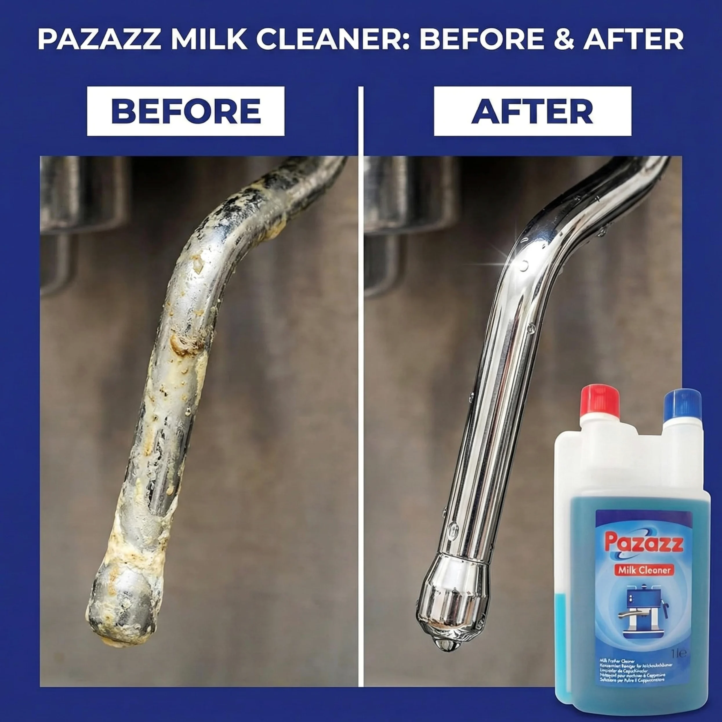 PAZAZZ Nettoyant pour Mousseurs à Lait – Détergent Liquide pour Machines à Café et Espresso – Élimine les Résidus de Lait – Usage Domestique et Professionnel – 1000ml – Lot de 12