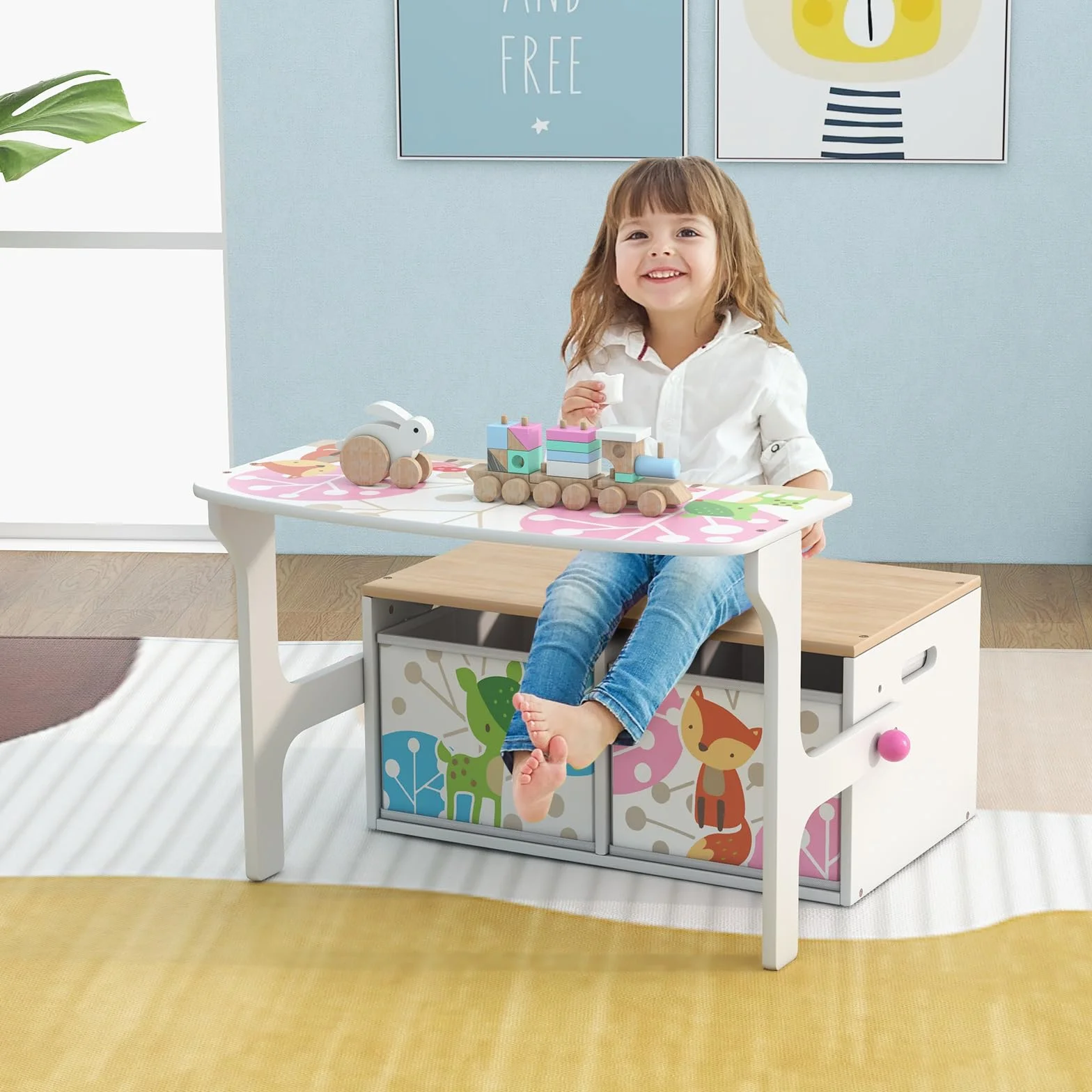 LIFEZEAL 3 en 1 Banc de Rangement avec 2 Tiroirs, Coffre à Jouets en Bois, Ensemble Table avec Tabouret pour Enfants 3-7 Ans, Siège avec Charge de 60 kg, Plateau avec Charge de 10 kg (Blanc)