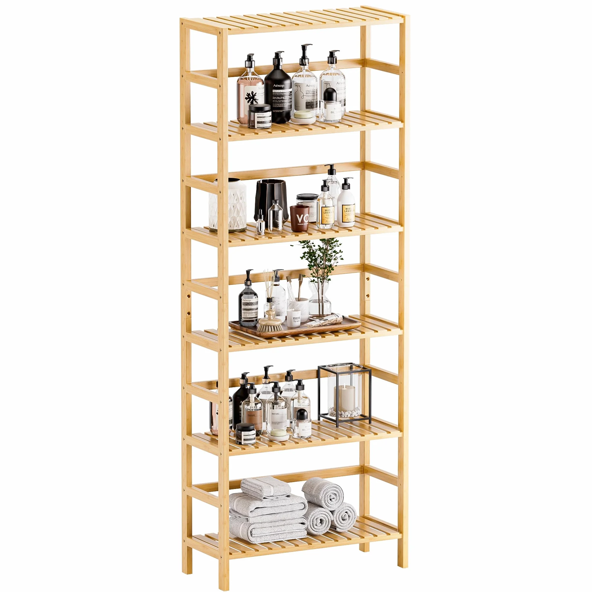 HITNET Bibliotheque 6 Niveaux, Etagere Salle de Bain Rangement Bambou avec Étagères Réglables, Support de Plantes Gain de Place, pour Salon, Bureau, Cuisine, Naturel