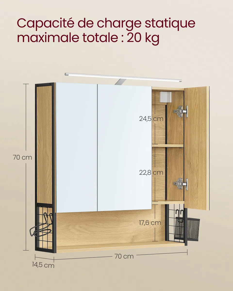 VASAGLE Armoire de Salle de Bain avec éclairage LED, 14,5 x 70 x 70 cm, Miroir 3 Portes, Meuble Mural avec Miroir, Prise, Panier, Support pour sèche-Cheveux, chêne Naturel BBK124Y01