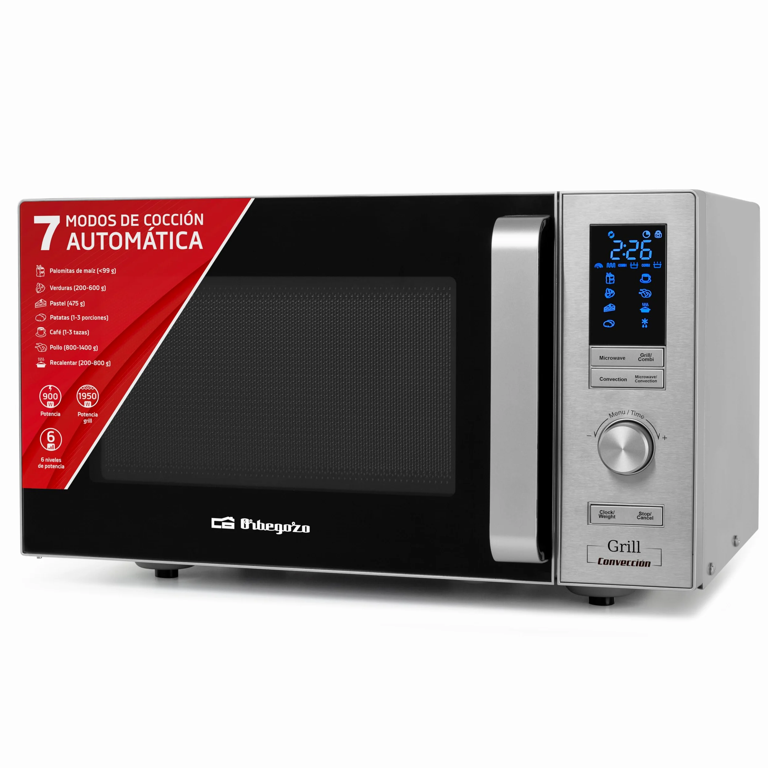 Orbegozo Mig 2528 Co - Micro-ondes gril et convection, 25 l, 6 niveaux de puissance, affichage numérique à LED, 7 menus prédéfinis, minuterie, programme de décongélation, 900-1950 W