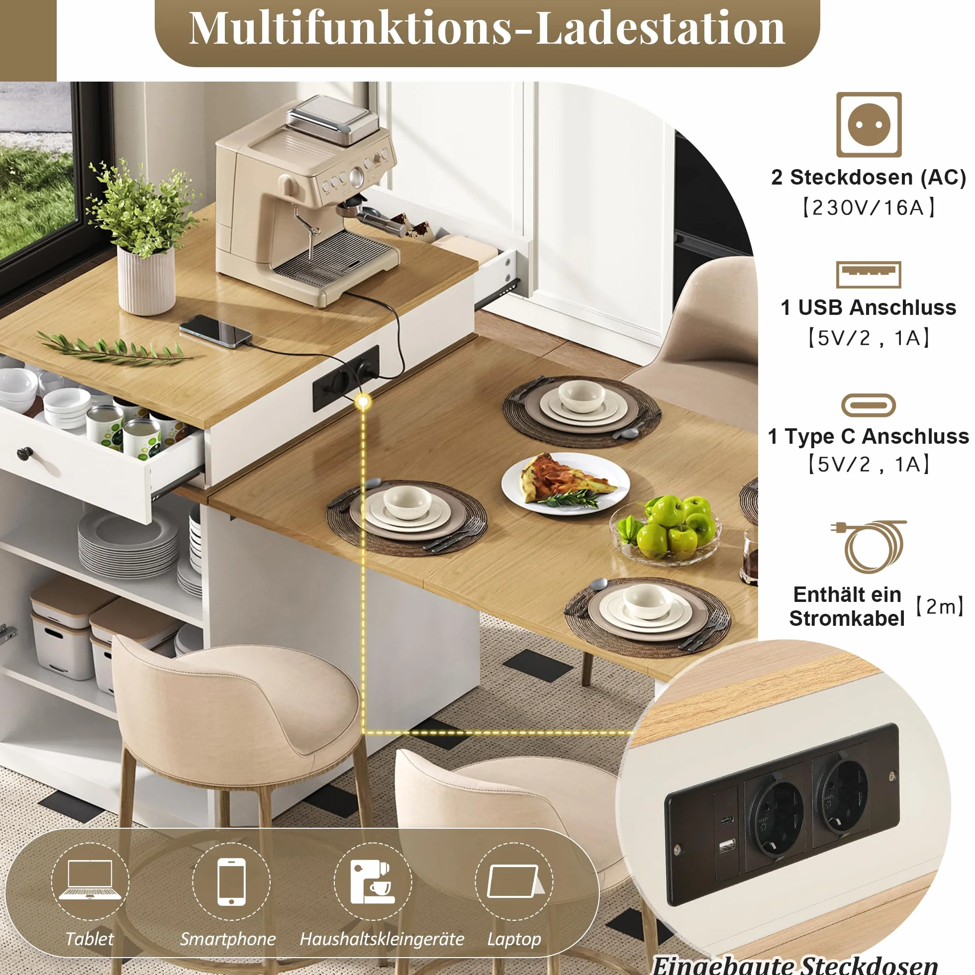 Îlot de Cuisine Mobile avec Rangement, Table Extensible 2 à 4 Personnes, Îlot Central Cuisine Desserte Bar avec Prises Électriques