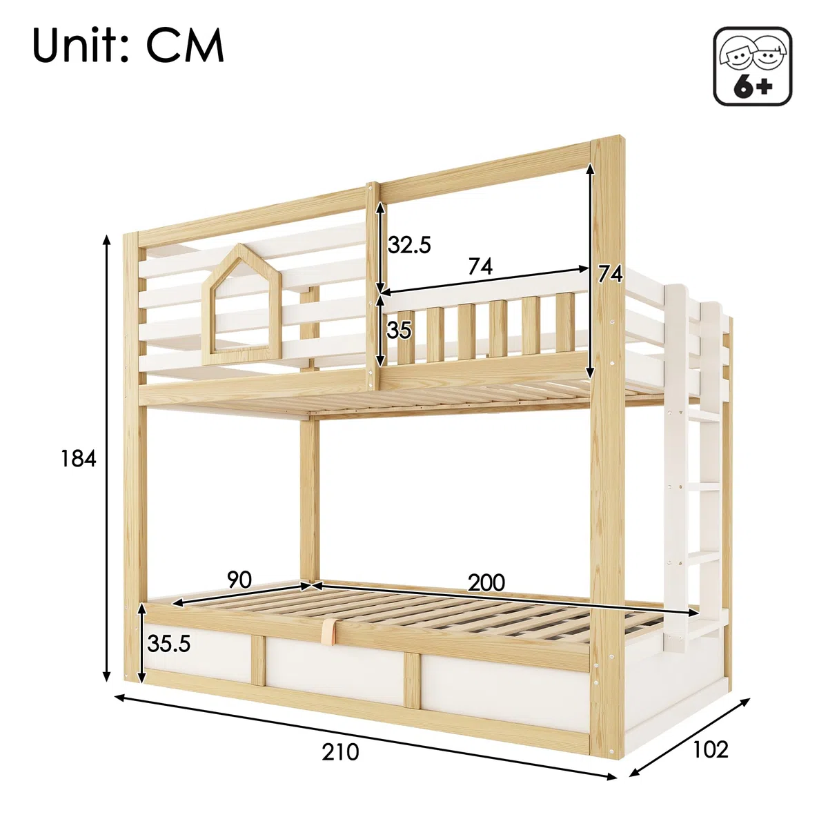 Sapgaks Lit superposé Enfant 90x200 avec fenêtre,barrière de sécurité, échelle Droite,Espace de Rangement hydraulique,lit cabane Enfants,Cadre de lit Enfant 90x200 (G-Blanc+Chêne 90)