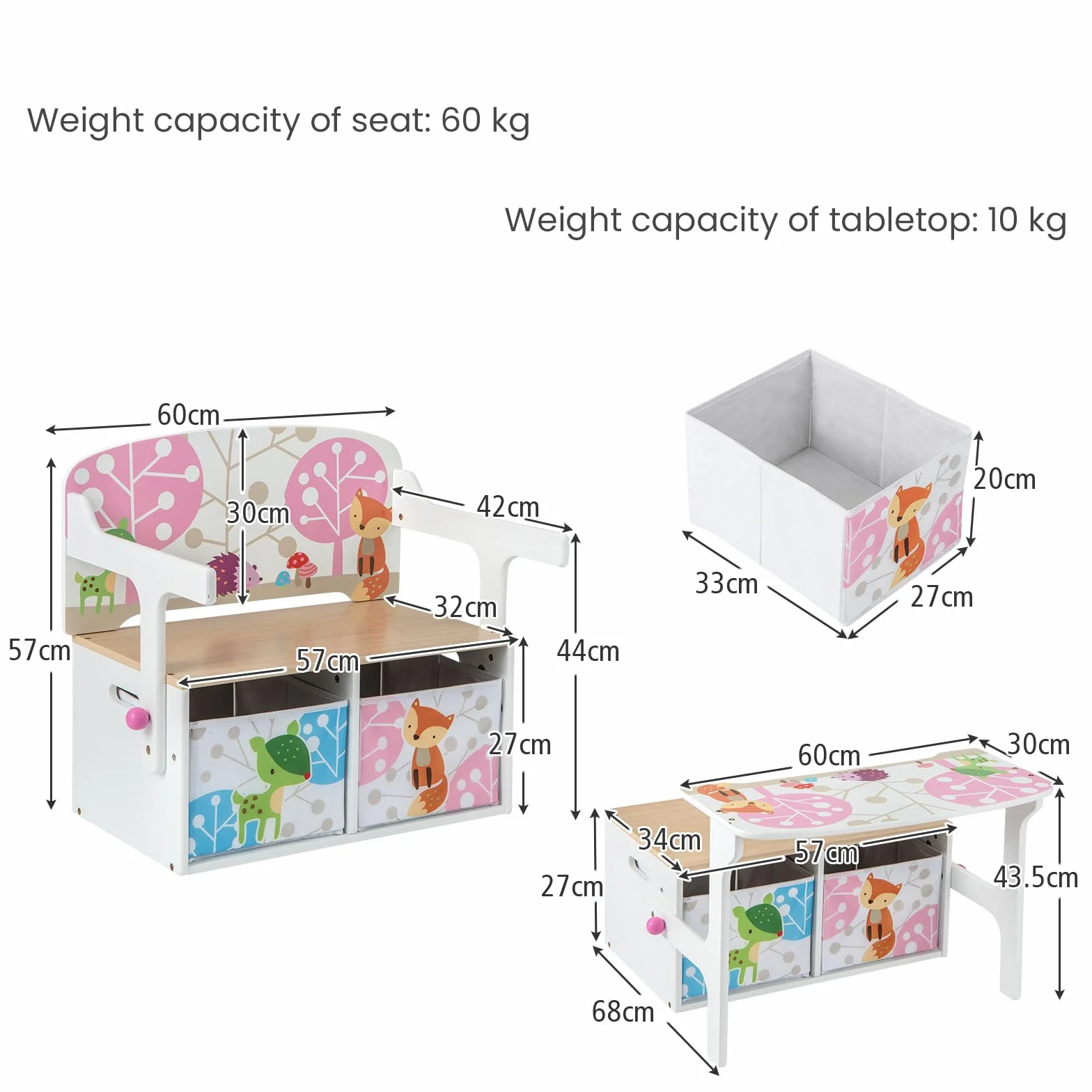 LIFEZEAL 3 en 1 Banc de Rangement avec 2 Tiroirs, Coffre à Jouets en Bois, Ensemble Table avec Tabouret pour Enfants 3-7 Ans, Siège avec Charge de 60 kg, Plateau avec Charge de 10 kg (Blanc)