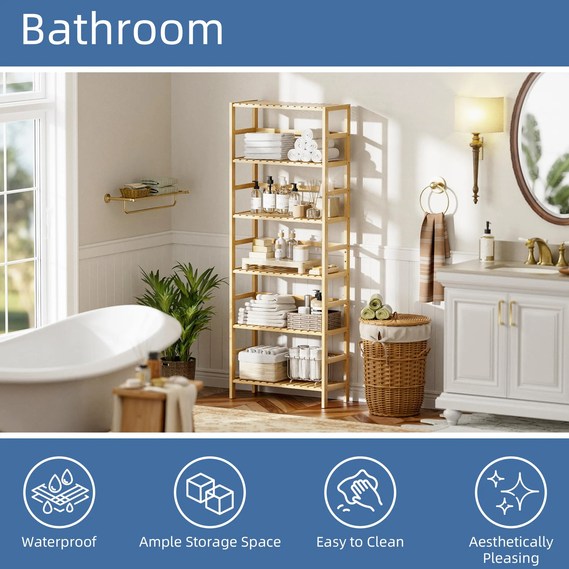HITNET Bibliotheque 6 Niveaux, Etagere Salle de Bain Rangement Bambou avec Étagères Réglables, Support de Plantes Gain de Place, pour Salon, Bureau, Cuisine, Naturel