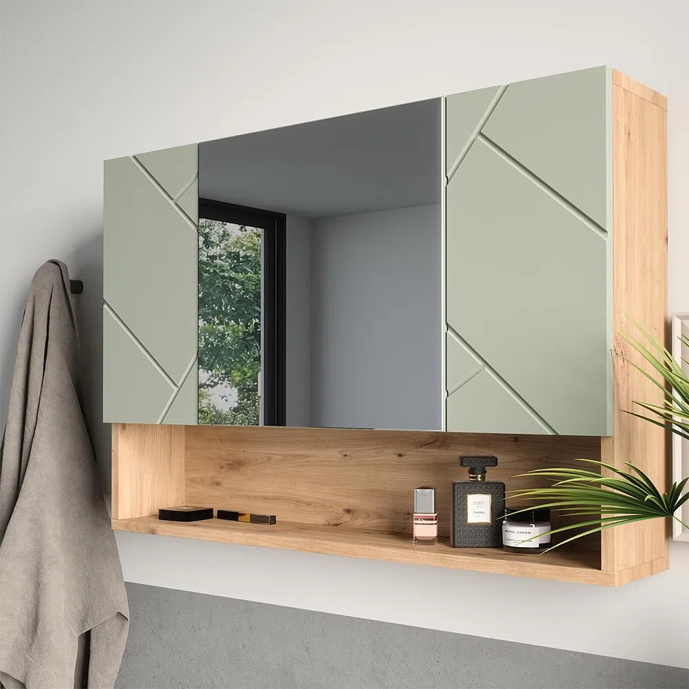 Vicco Armoire de Toilette Irma, Vert Sauge, 80.1x55cm, avec Miroir et étagères Ouvertes pour Montage Mural