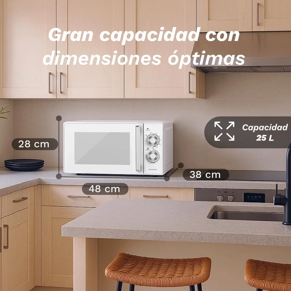 Grunkel Micro-ondes avec grill de 25 litres, 900 W + 1000 W, 5 niveaux de puissance, 3 modes combinés, minuterie 30 min, ouverture avec poignée et plateau Ø245 mm
