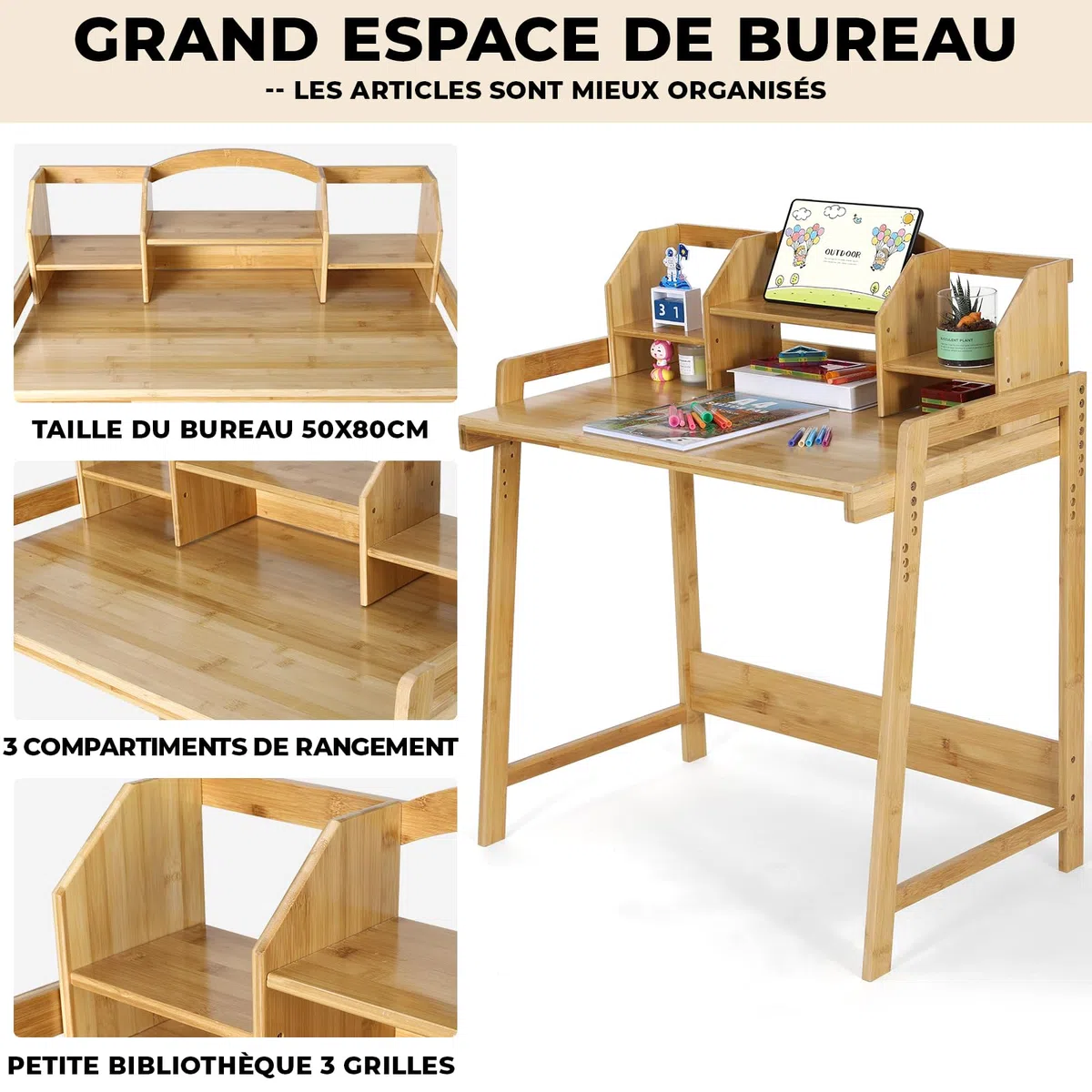 MAMIZO Bureau Enfant en Bambou, Ensemble Chaise Réglable, Support de Livre, Table pour l'Étude et le Travail, Couleur du Bois