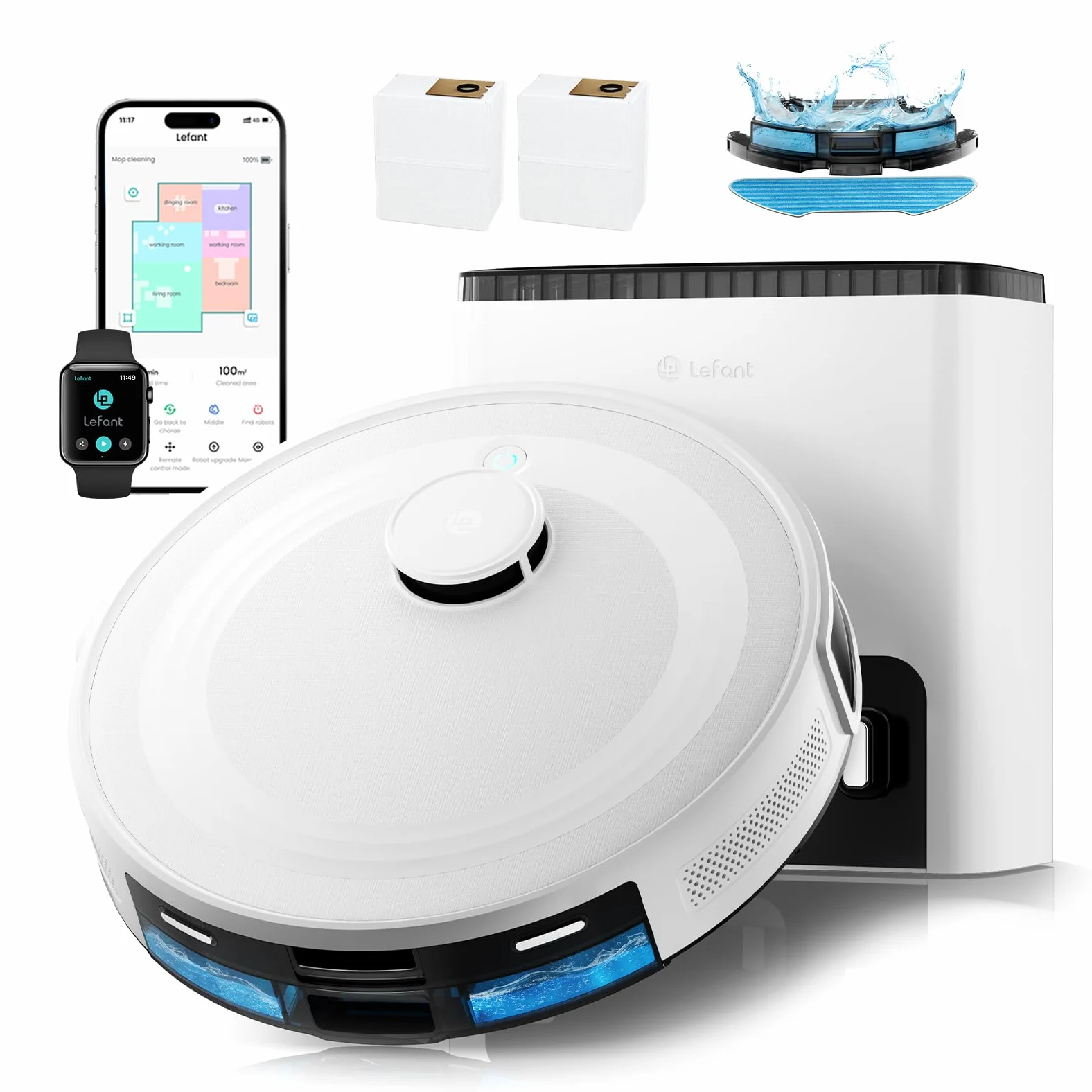 Lefant M2 Plus Robot Aspirateur Laveur 6000Pa avec Station Vidage Automatique Poussière,Navigation Laser avec Cartographie,Évitement d'obstacles PSD,140min,Idéal pour Poils d'animaux