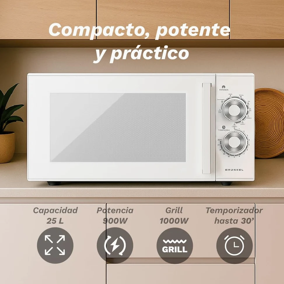 Grunkel Micro-ondes avec grill de 25 litres, 900 W + 1000 W, 5 niveaux de puissance, 3 modes combinés, minuterie 30 min, ouverture avec poignée et plateau Ø245 mm