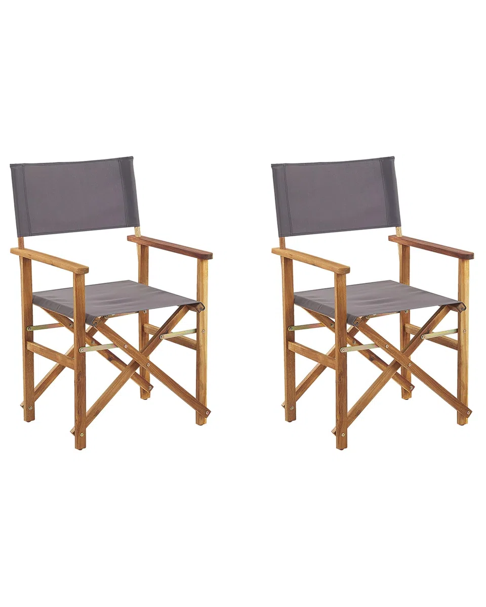 Beliani 2 Chaises Fauteuils Metteur en Scène Pliantes en Bois Acacia Clair avec Accoudoirs et Assise Gris Idéales pour Jardin Boho et Rétro