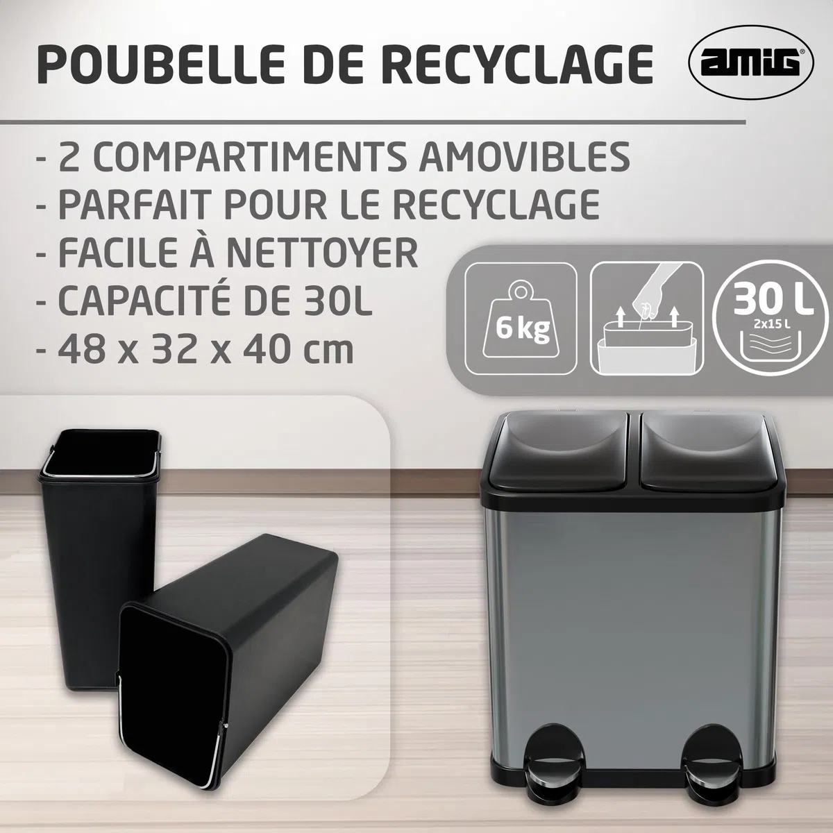 Amig - Poubelle de Recyclage Double avec Pédales Mod. RECIK2 - Poubelle Anti-traces pour Cuisine - Acier Inoxydable - 2 Compartiments x 15 L - 48 x 32 x 40 cm - Argenté