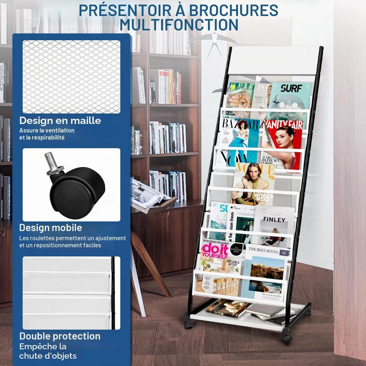 SUNDOY porte revues sur roulettes – revues sur pied et porte-catalogue – roulettes pour bureau, foires et maison (5 couches, 47,5 cm de large)