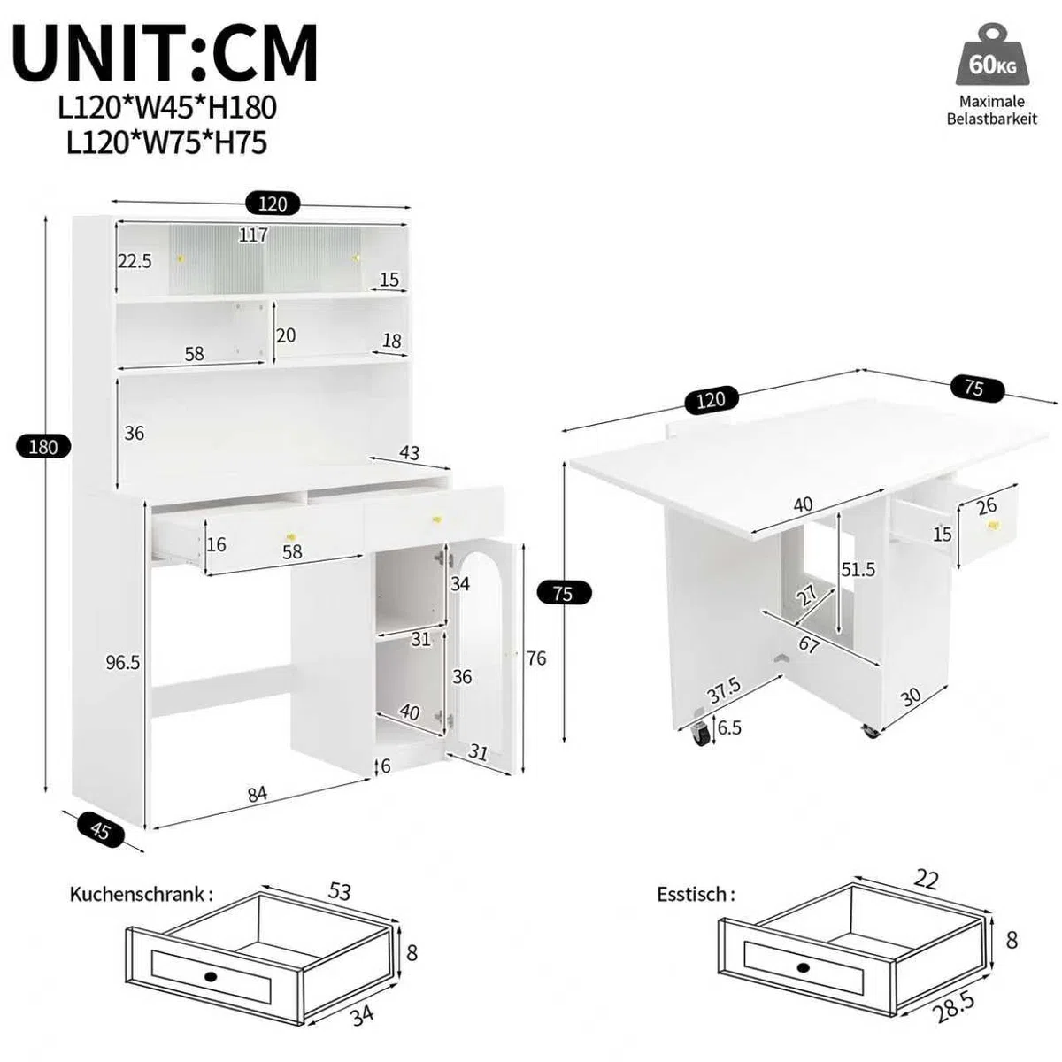 Îlot de Cuisine Mobile avec Plateau Rabattable,Table à Manger Pliante 2-en-1 et Coffret de Buffet,2 Tiroirs,3 Portes,6 étagères,Meuble de Rangement pour Salon,Salle à Manger