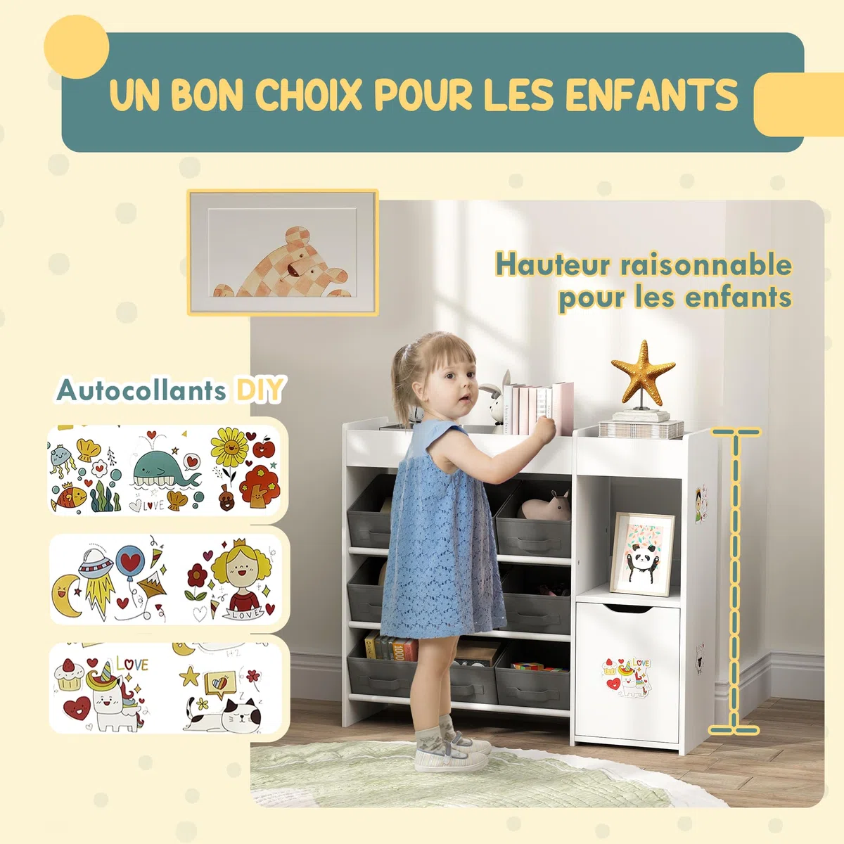 AIYAPLAY Meuble Rangement Enfant étagère de Rangement pour Jouets Enfants avec 9 tiroirs en Tissu et Placard pour Chambre d'enfant, Salle de Jeux, garderie, Blanc