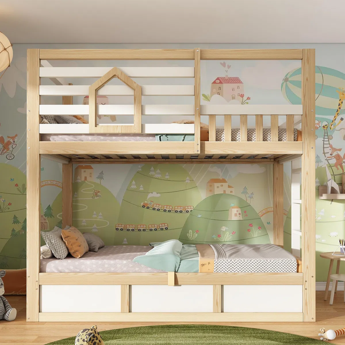 Sapgaks Lit superposé Enfant 90x200 avec fenêtre,barrière de sécurité, échelle Droite,Espace de Rangement hydraulique,lit cabane Enfants,Cadre de lit Enfant 90x200 (G-Blanc+Chêne 90)