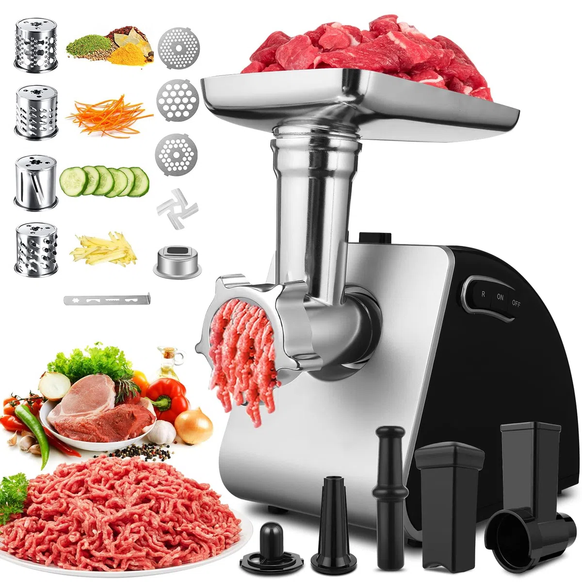 Hachoir à Viande Électrique 2000W Professionnel, Machine Multifonctions avec Poussoir à Saucisse, Lames Inox, Grilles de Hachage, Embout Biscuits pour Faire Viande Hachée et Saucisses Maison