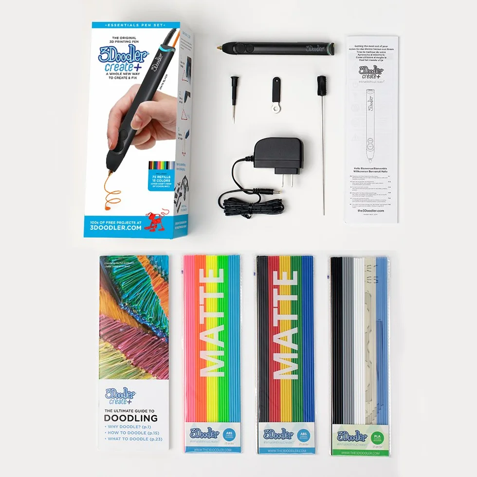 3DOODLER- Create+ Ensemble de Stylo d'impression 3D avec x75 Filament Plastique, Modèle 2023 (EU-Plug), Onyx Black