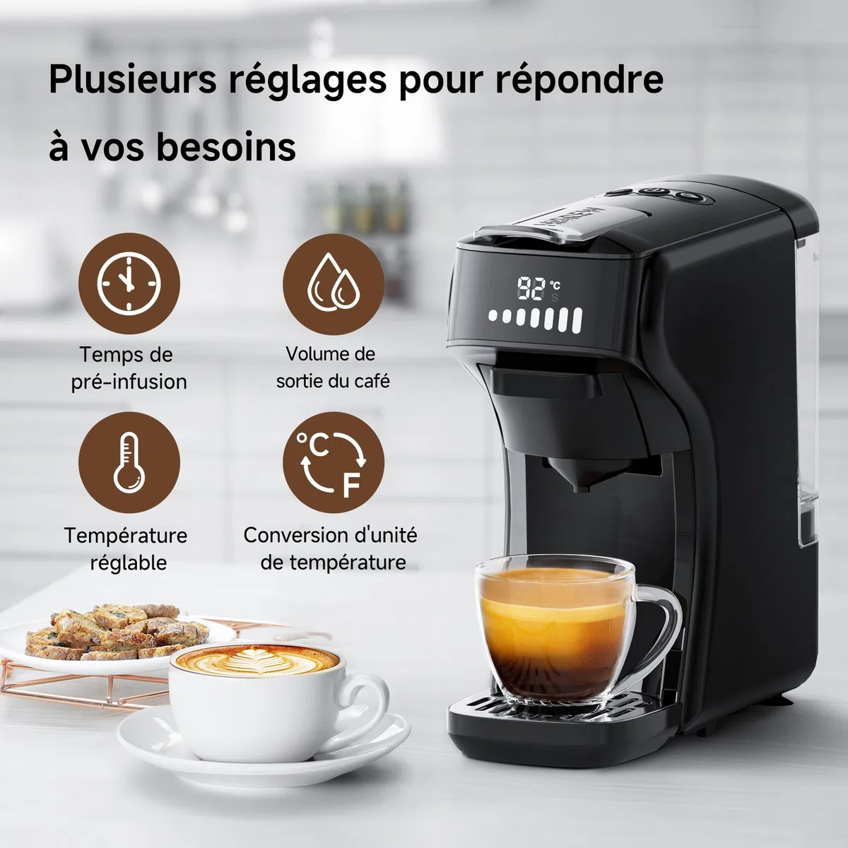 HIBREW H1B Machine à Café à Capsules 6-en-1 | Compatible Ns*/DG*/ Es*/Kcup*/Café Moulu, Bouton Unique Infusion Chaude et Froide, Température et Quantité Réglable (Noir)