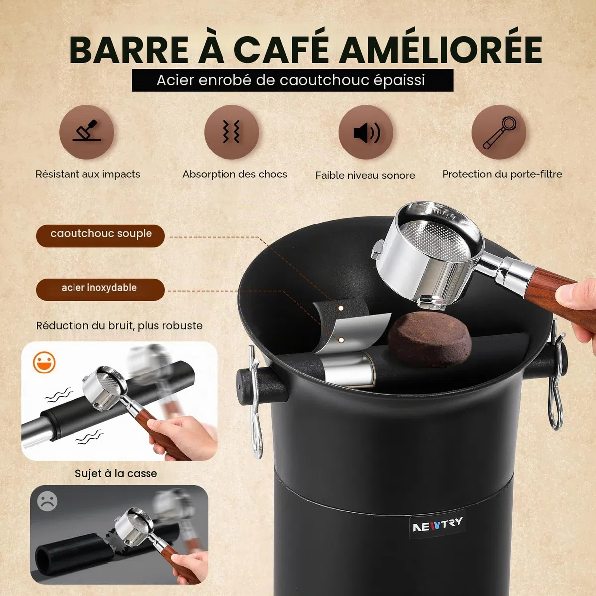 NEWTRY Boîte à Café Commercial, Bac à Marre de Café Expresso - Grande capacité - 19 l - Accessoires pour Barista, Café, Bar avec 30 sacs poubelle, serviettes et brosses de nettoyage