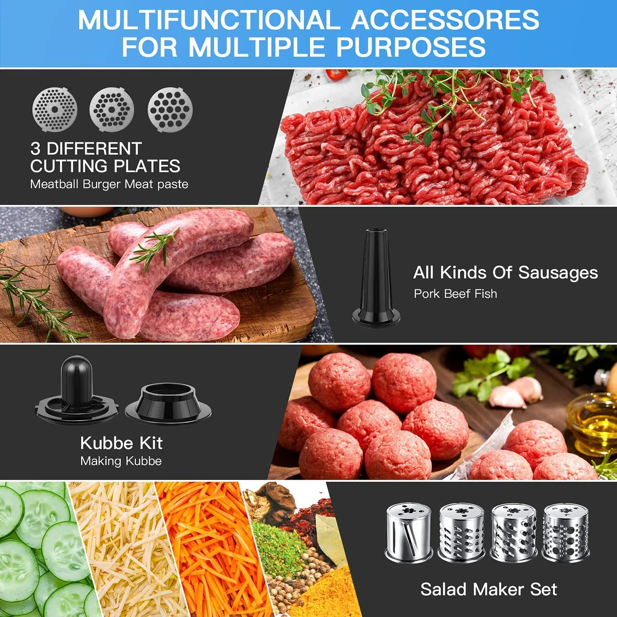 Hachoir à Viande Électrique 2000W Professionnel, Machine Multifonctions avec Poussoir à Saucisse, Lames Inox, Grilles de Hachage, Embout Biscuits pour Faire Viande Hachée et Saucisses Maison
