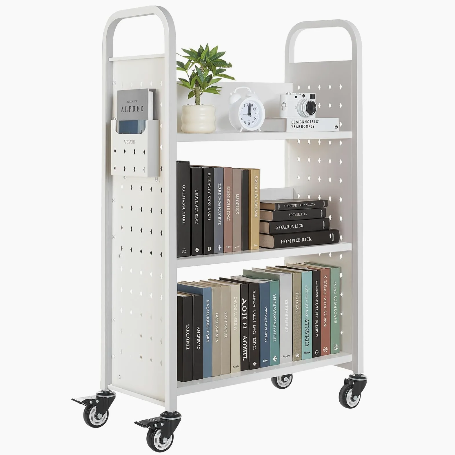 VEVOR Chariot à Livres, Capacité de Charge 150 kg, Chariot de Bibliothèque, 77 x 38 x 122 cm, Étagère de Rangement Livres Simple Face en L avec Roulettes Double Frein, pour Salon, Bureau, École, Blanc